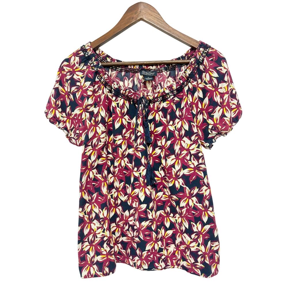 Lucky Brand Floral Peasant Top Medium 100% Cotton Tassel Tie Boho Puff Sleeve
